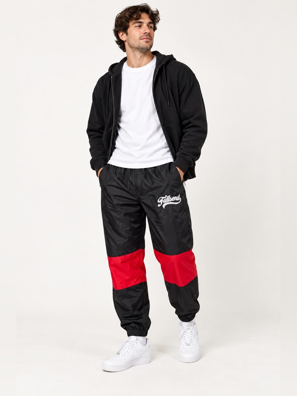 Full Send Mens XL Black Red Colorblock Nylon Track Pants Windbreaker Joggers